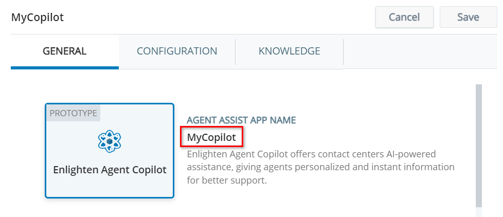 The profile name appears on the General tab in Centro de asistencia del agente, under Agent Assist App Name.