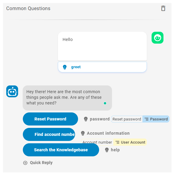 Captura de pantalla de un bot que le dice al cliente algunas de las preguntas más comunes que recibe.