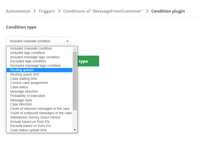 Screenshot showing the Condition type drop-down. Routing queues is selected.