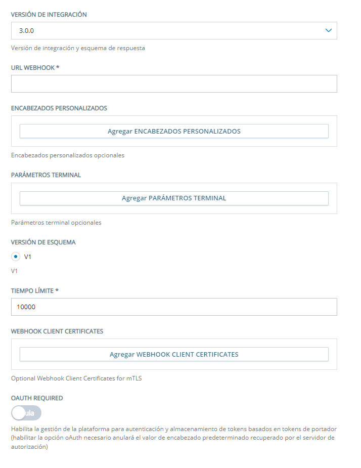 La página Configuración para agregar un bot personalizado usando terminales personalizados de intercambio con la versión de integración 2.0.0.