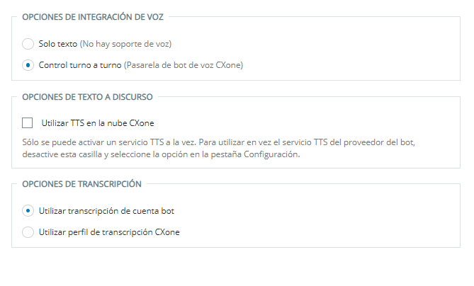 La página Voz en el asistente de configuración en Centro de Agente Virtual.