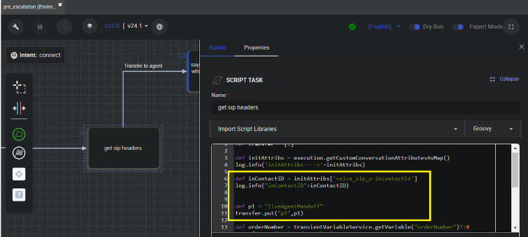 Un ejemplo de la configuración en Amelia para enviar el valor liveAgentHandoff al script de Studio.