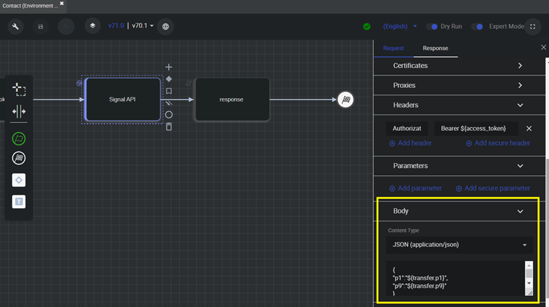 Ejemplo de uso de la consola de configuración de Amelia para pasar el atributo liveAgentHandoff al cuerpo de la API de Signal.