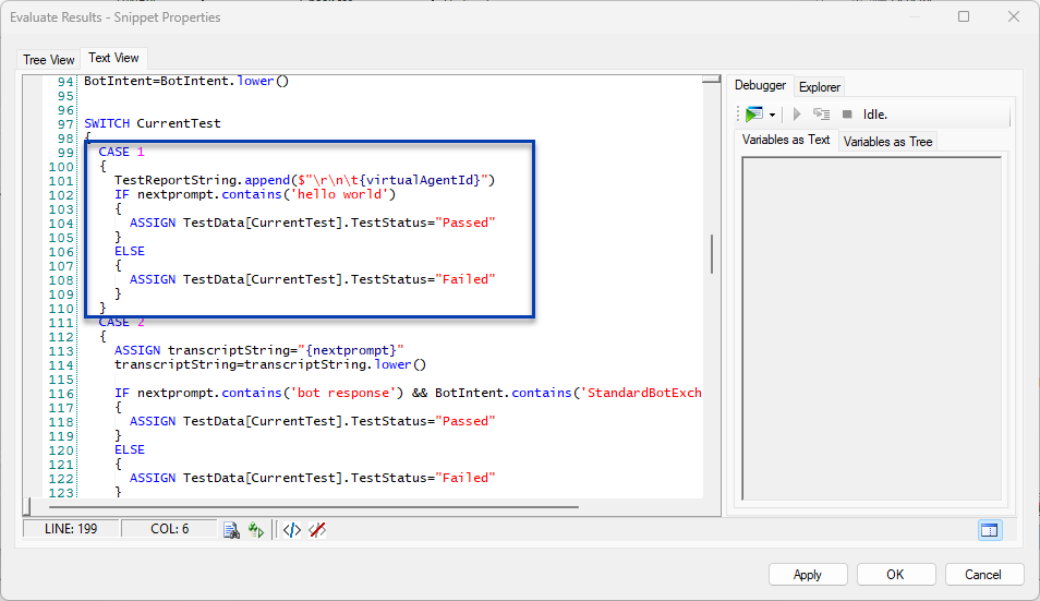 La ventana del editor de fragmentos donde se observa el fragmento de datos de prueba de configuración, con la primera parte de la declaración SWITCH CurrentTest rodeada por un rectángulo.