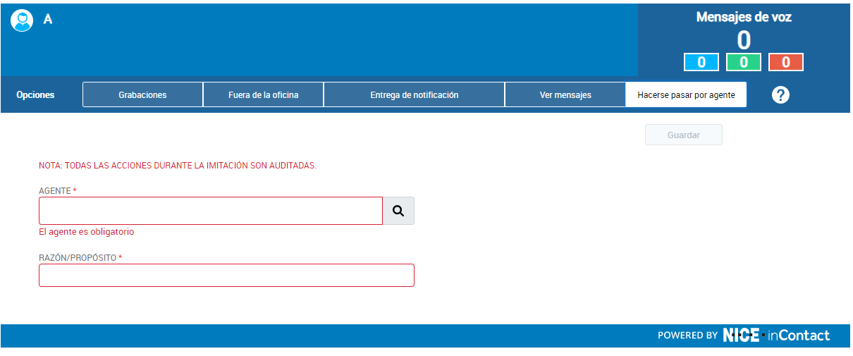 losCXone Attendant página que muestra campos para suplantar a un usuario: seleccione un agente para suplantar e ingrese un motivo.