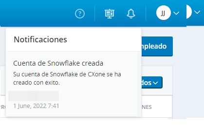 Captura de pantalla de una notificación de creación de cuenta de Snowflake en CXone.