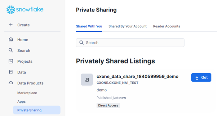 Captura de pantalla de Snowflake selecciones de listados privados compartidas contigo