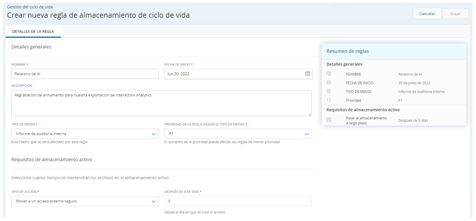 Muestra la página Crear regla en Cloud Storage Services con la configuración correcta para la exportación de IA