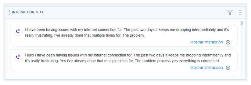 Widget de texto de interacciones que muestra las dos primeras oraciones de 2 transcripciones de interacciones.
