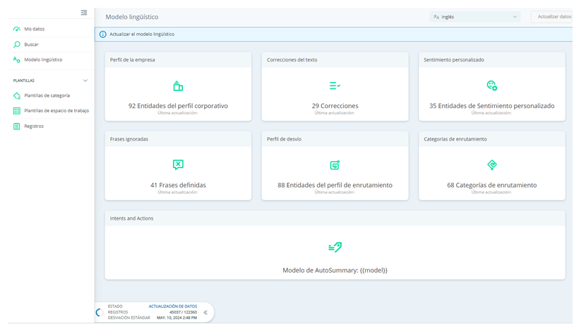 Página del modelo lingüístico con botones para cambiar el idioma y actualizar los datos. Puede acceder al enrutamiento, perfil de la empresa, correcciones de texto, frases ignoradas e intenciones desde esta página.