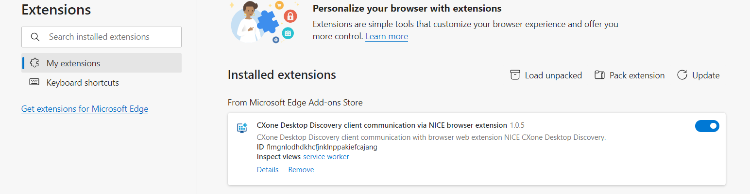 Imagen de la extensión de comunicación del cliente Desktop Discovery para el navegador Edge.