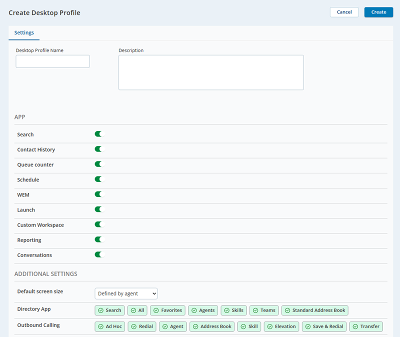La página Crear perfil de escritorio en Integraciones de agentes.