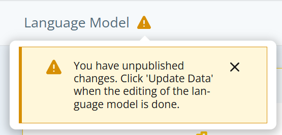 Notificación de advertencia en amarillo para Actualizar datos que incluye una X en la esquina para descartar el mensaje.
