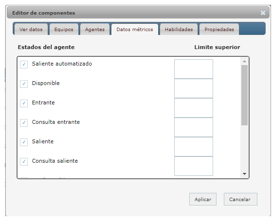 Ventana de configuración del widget Lista de agentes.