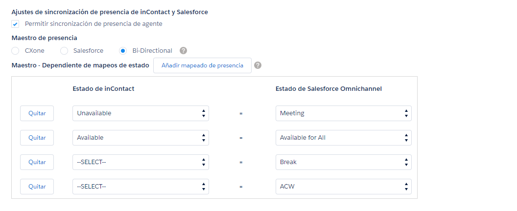 Configuración del agente de Salesforce, con estas secciones: CXone Mpower y Ajustes de sincronización de presencia de Salesforce, Maestro de presencia y Maestros - Asignaciones de estado dependientes.