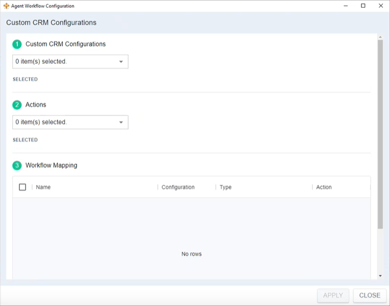 El asistente de configuración del flujo de trabajo del agente, donde puede elegir una integración de CRM, una o más acciones y asignarlas a flujos de trabajo.