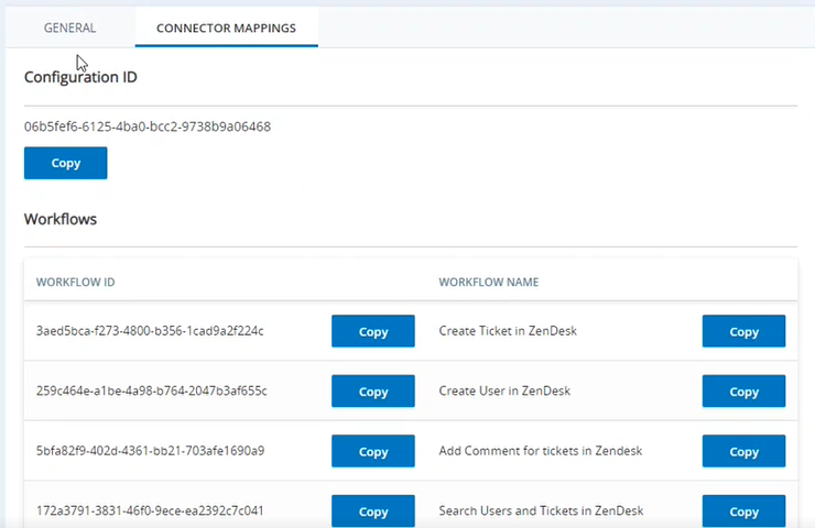 La pestaña Asignaciones de conectores. La sección Flujos de trabajo se encuentra en la sección Id. de configuración, con cada flujo de trabajo enumerado con su nombre e Id.