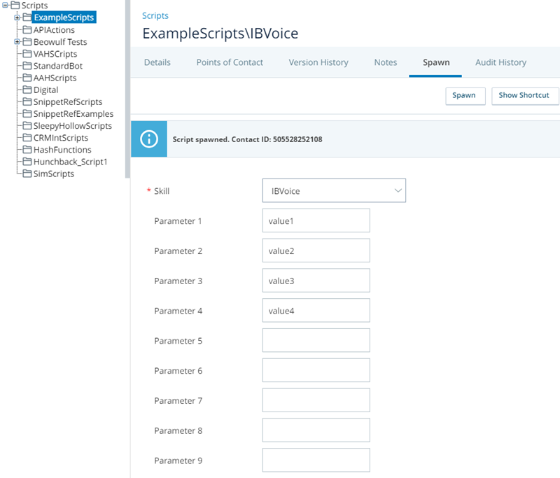 La página de Scripts que muestra el script creado con cuatro valores de los parámetros personalizados. 