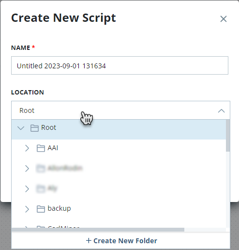La página Crear Nuevo Script con el menú desplegable de Ubicación que muestra la opción Crear Nueva Carpeta en la parte inferior.