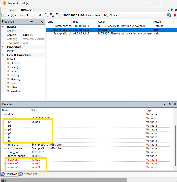 El seguimiento de scripts que muestra los valores de las primeras tres variables pX se han asignado a nuevas variables.