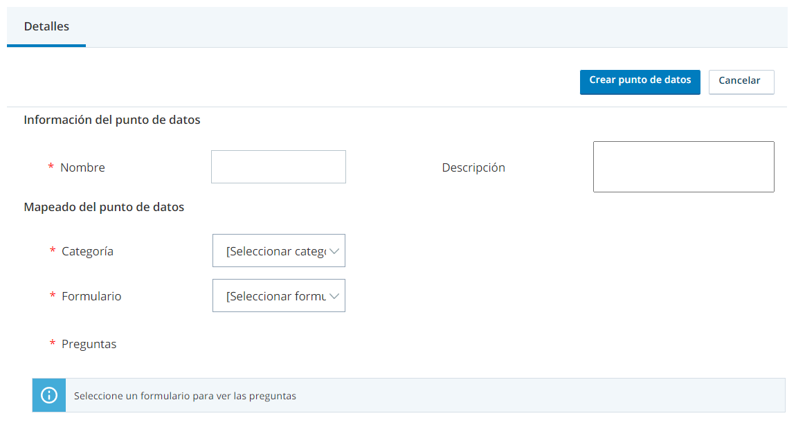 La página Punto de datos en WFI. Contiene campos para el nombre, la descripción, la categoría, el formulario y las preguntas del punto de datos.