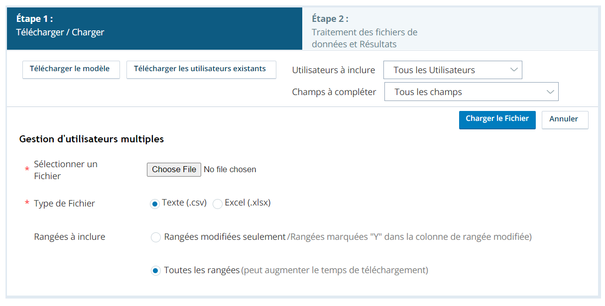 Capture d’écran de la page de téléversement groupé de l’utilisateur central