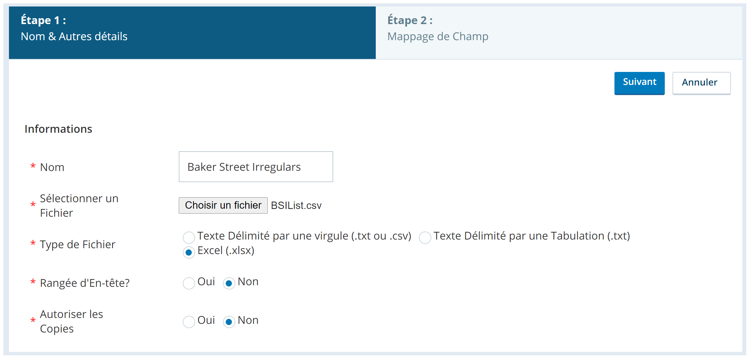 Image du premier écran à compléter lors du téléversement d’un fichier de contacts pour un carnet d’adresses