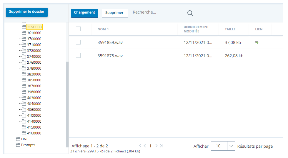 La page Parcourir les fichiers ACD, montrant un dossier de journal des appels avec deux fichiers WAV d’enregistrement d’appel.