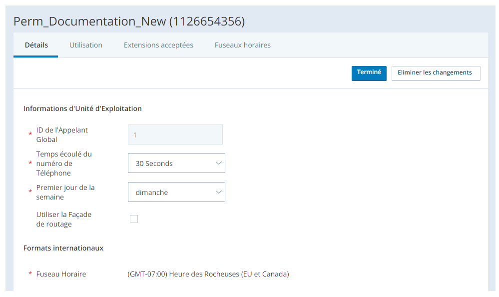 Capture d’écran des sections Informations sur l’unité commerciale et Formats internationaux de l’onglet Détails de l’unité commerciale