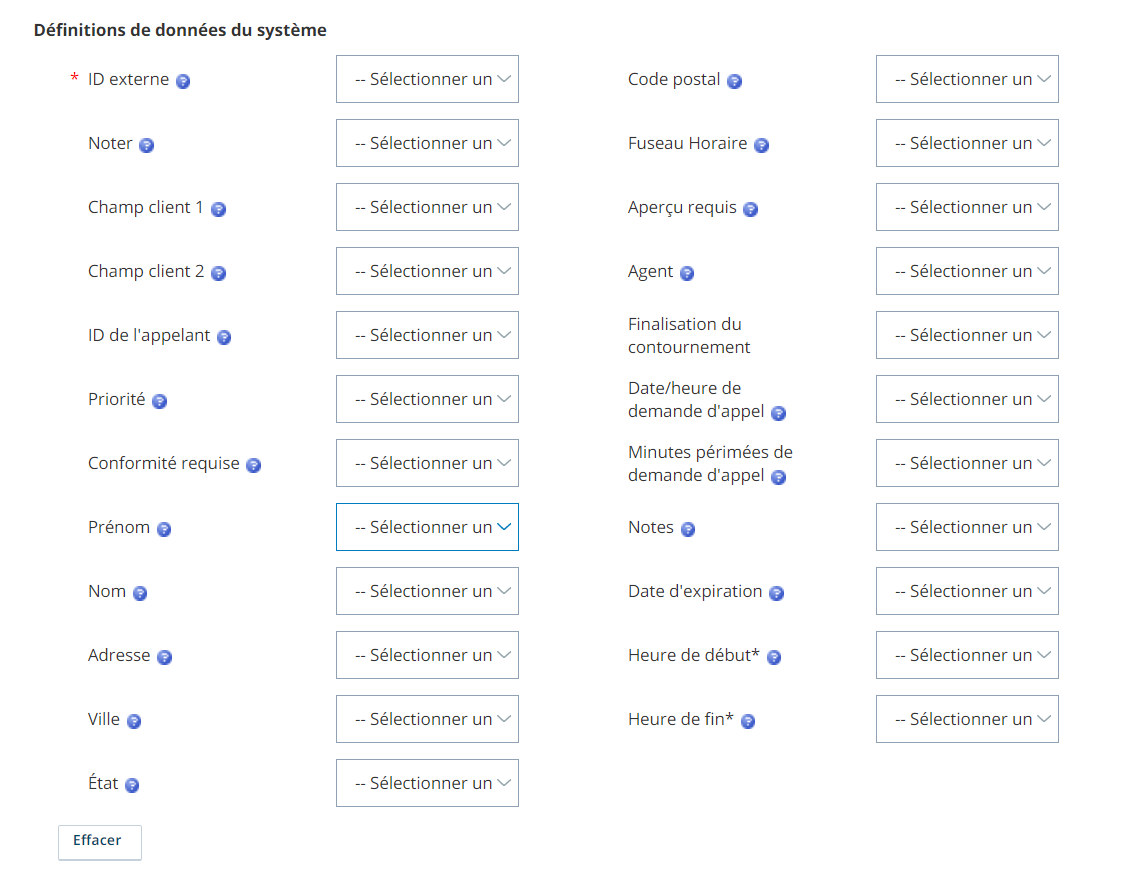 Capture d'écran de la page Mappage de champs de l'assistant de téléversement de liste d'appel CXone