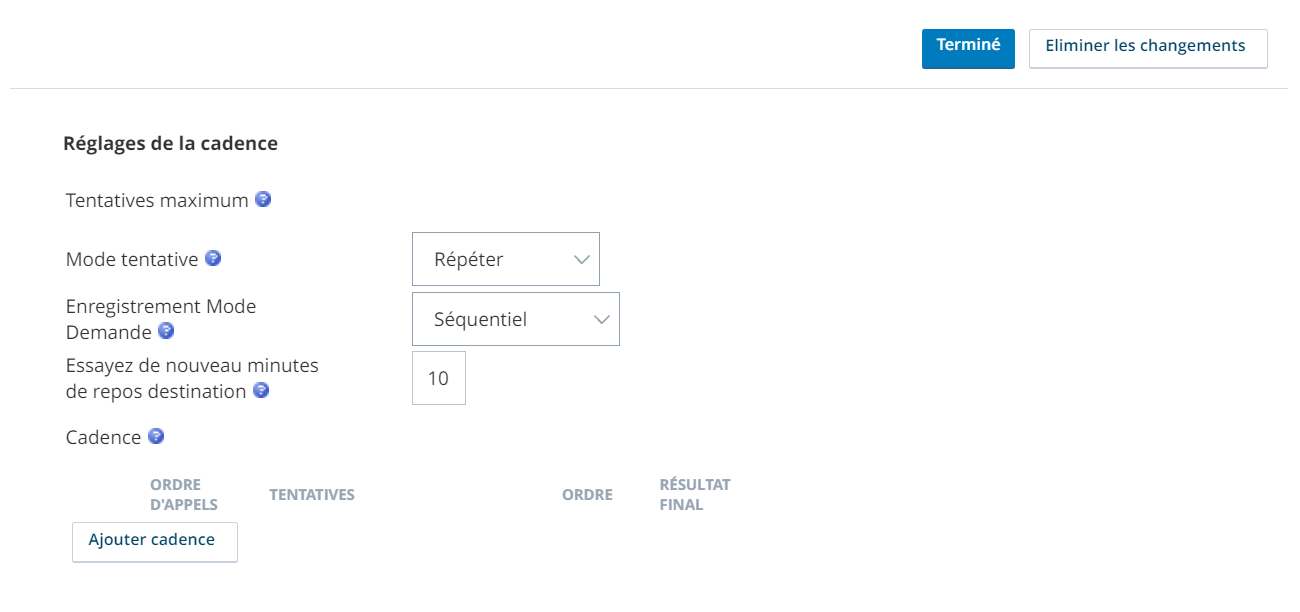 Capture d'écran des paramètres de cadence de la compétence PC CXone avec plusieurs numéros de téléphone dans l'ordre d'appel