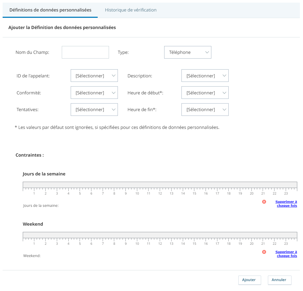 Capture d'écran de la page Ajouter une définition de données personnalisée et des champs disponibles pour un champ Type de téléphone