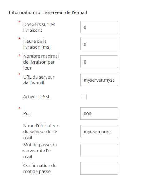 Capture d'écran de la section Paramètres du serveur de courriel de l'onglet Détails de l'unité commerciale