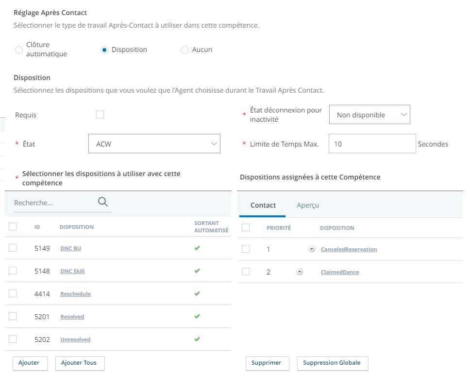 Capture d’écran d’un onglet Post Contact de compétence vocale PC avec dispositions activées