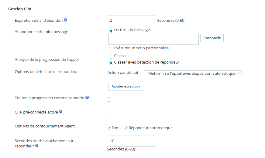 Capture d’écran des paramètres de gestion du CPA pour une compétence, disponibles dans l’application ACD.