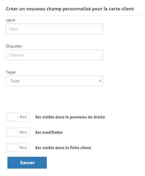 La page où vous pouvez ajouter un champ personnalisé pour les cartes client.