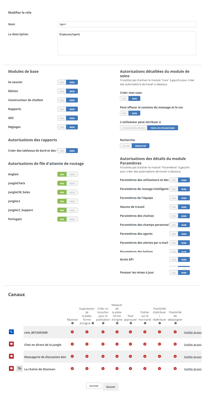 La page Modifier le rôle, affichant l’autorisation de file d’attente de routage et les autorisations de canaux.