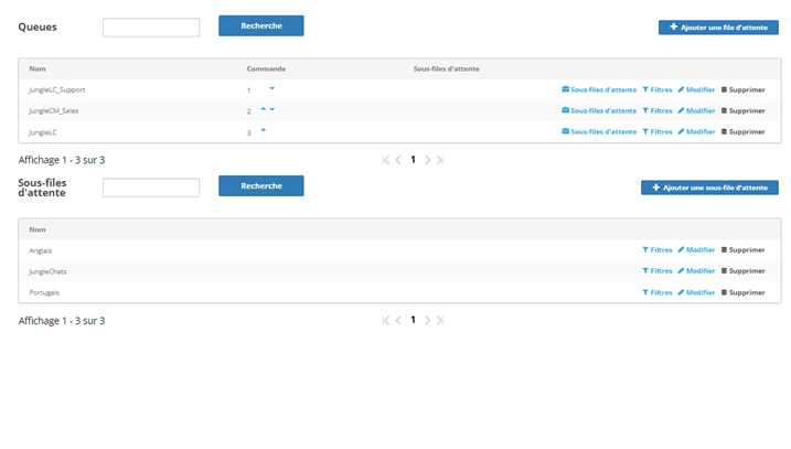 La page Files d’attente de routage, affichant les files d’attente et les sous-files d’attente créées par Mowgli dans l’exemple.