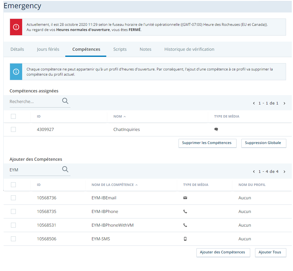 Image de l'onglet Compétences dans un profil d'heures d'ouverture