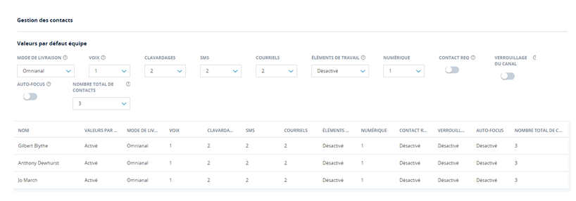 L’onglet Paramètres de contact d’une équipe dans un environnement où livraison dynamique est activé.