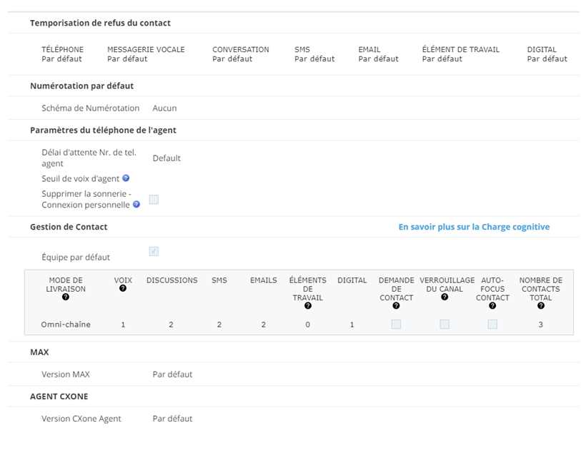 L’onglet Paramètres de contact d’un utilisateur dans un environnement où livraison dynamique est activé.