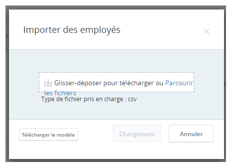 Écran Importer des employés pour téléverser plusieurs enregistrements d’employés avec un fichier CSV.