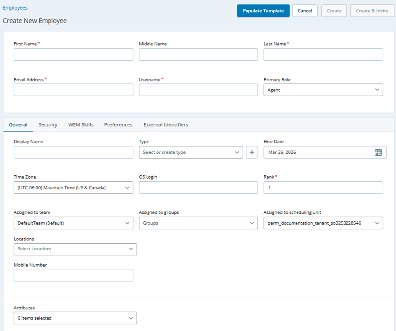 A blank employee profile showing the General tab.