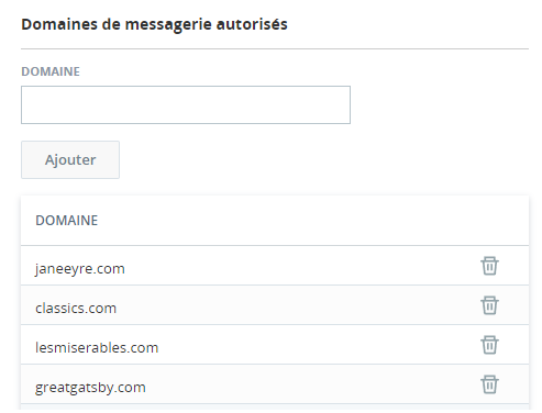 Image d’une liste de domaines de courriel autorisés, comprenant un champ permettant d’ajouter d’autres domaines.