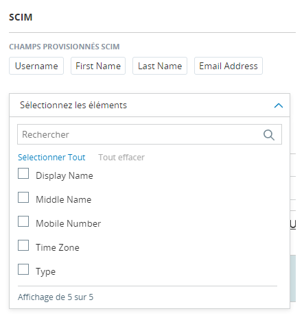 Image des champs provisionnés SCIM dans la liste déroulante de la page Gérer les paramètres du compte.