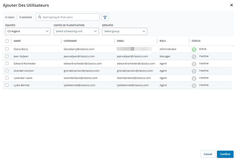 La page Ajouter des utilisateurs, où vous pouvez sélectionner des utilisateurs à ajouter à une équipe.
