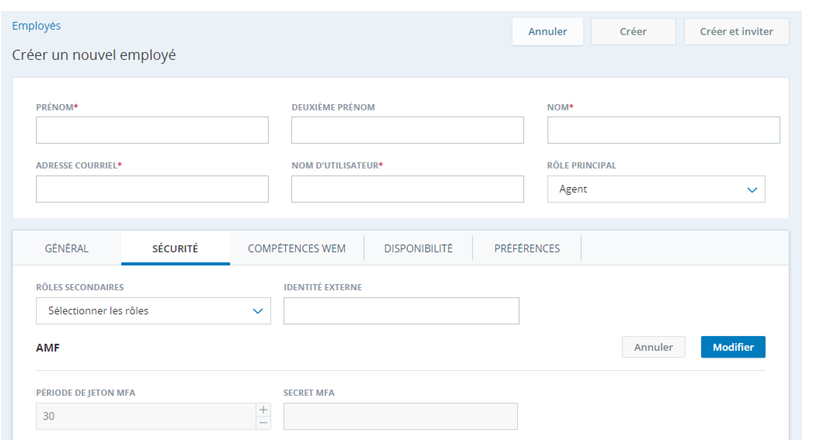 Image de la page Créer un nouvel employé, montrant les champs AMF dans l’onglet Sécurité.
