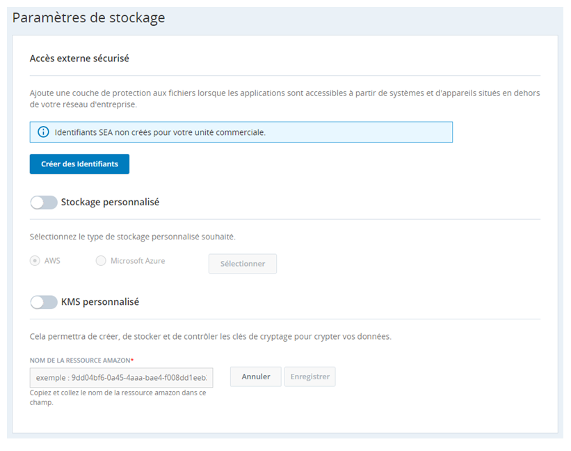 Capture d’écran de la page Paramètres de stockage, où les informations d’identification d’accès externe sécurisé (SEA) peuvent être définies.