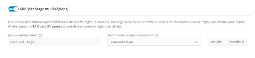 Image de la page Paramètres de stockage avec le stockage multi-régions (MRS) activé