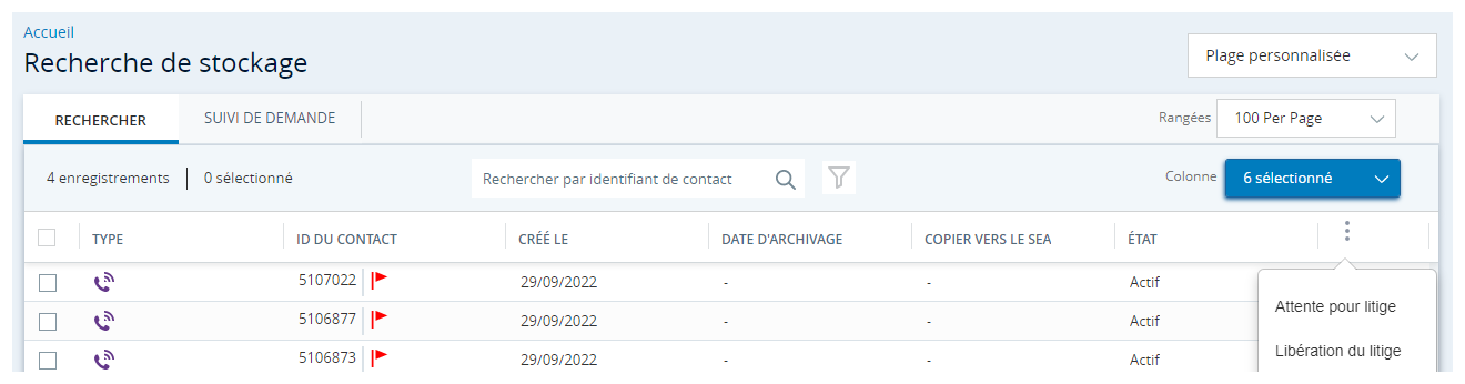 Un exemple de recherche de fichier avec un fichier mis en suspens indiqué par un drapeau à côté de l’ID de contact.